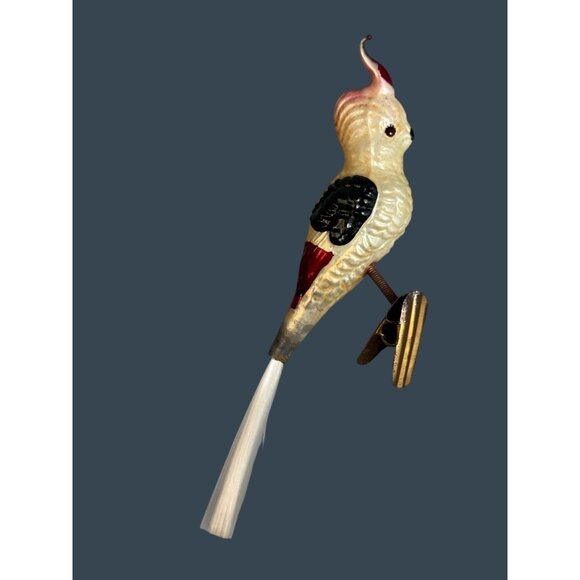 Vintage German Glass Cockatiel Clip Bird Ornament Spun Glass Tail Rare 6" - Picture 2 of 11